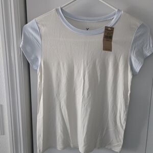 American Eagle Outfitters Cream Tee with Light Blue Sleeves